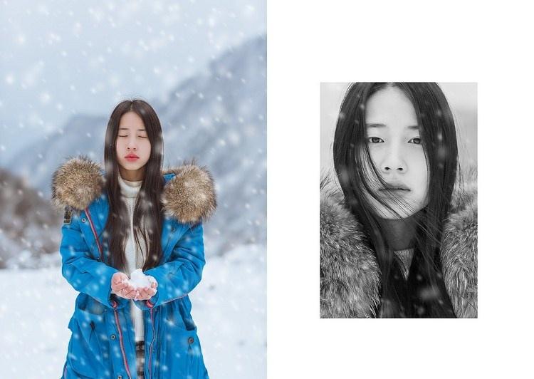 雪天長發(fā)美女鼻尖泛紅美麗動(dòng)人圖片