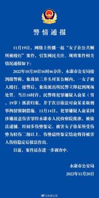 女生打人(浙江永康警方通報女子在公廁被毆打：犯罪嫌疑人已被依法逮捕)
