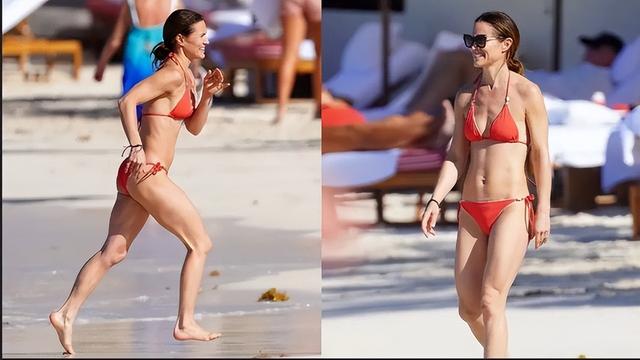 凱特王妃39歲妹妹海灘奔跑，穿奶白泳衣很健美，兩年生倆娃挺顯老