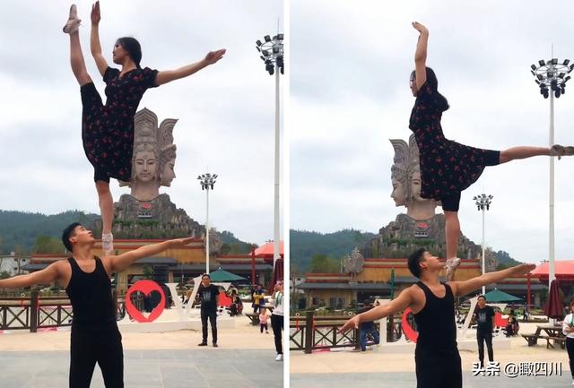 美女踩在男子肩膀和頭頂上跳芭蕾，動(dòng)作驚險(xiǎn)唯美看呆路人